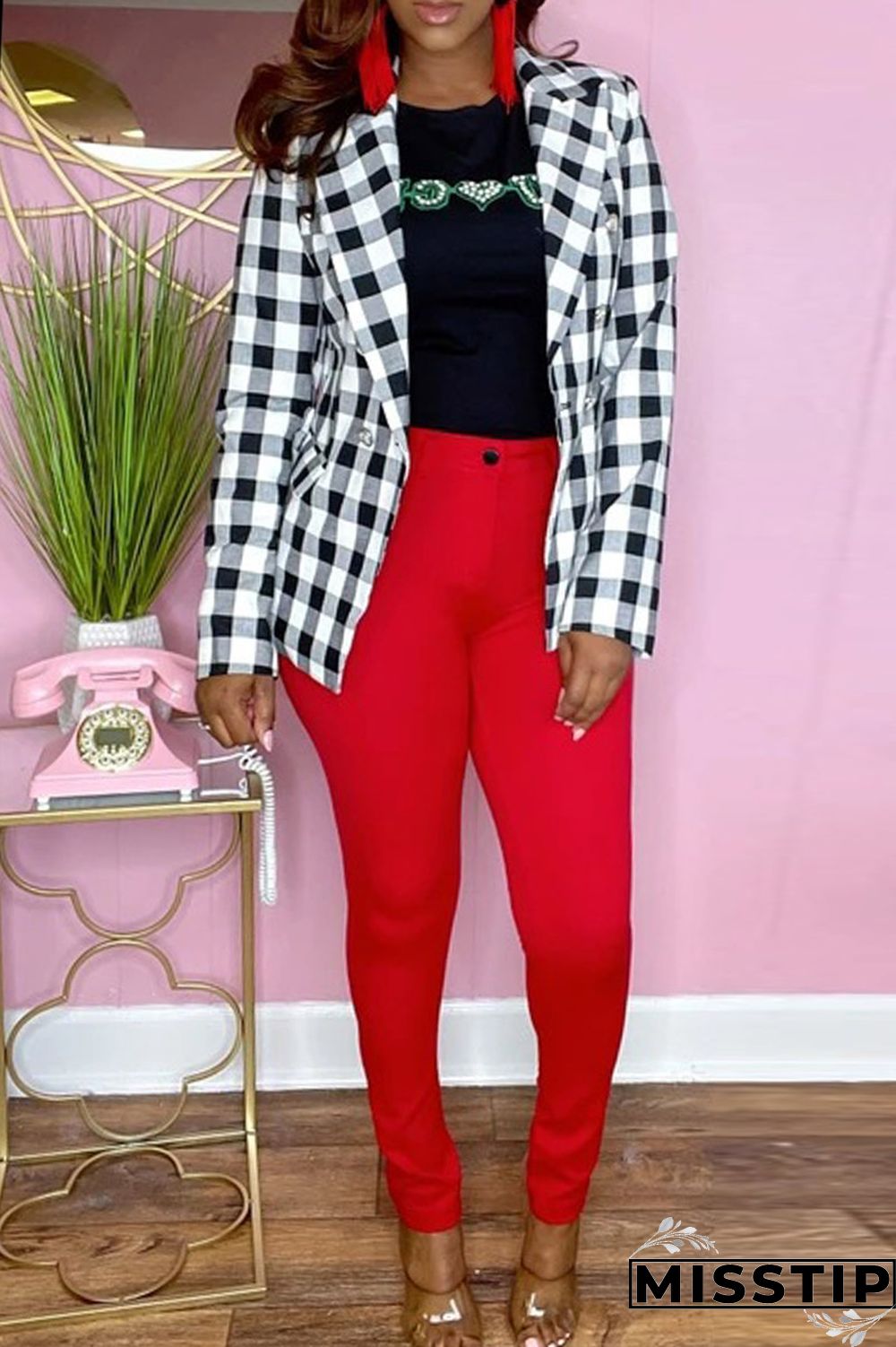 Red Fashion Casual Plaid Print Cardigan Turndown Collar Outerwear