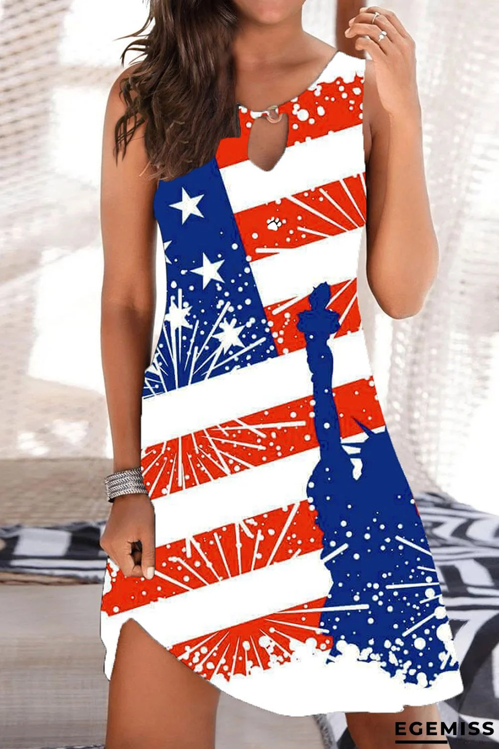 Red White Fashion Casual Print Hollowed Out O Neck Sleeveless Dress | EGEMISS