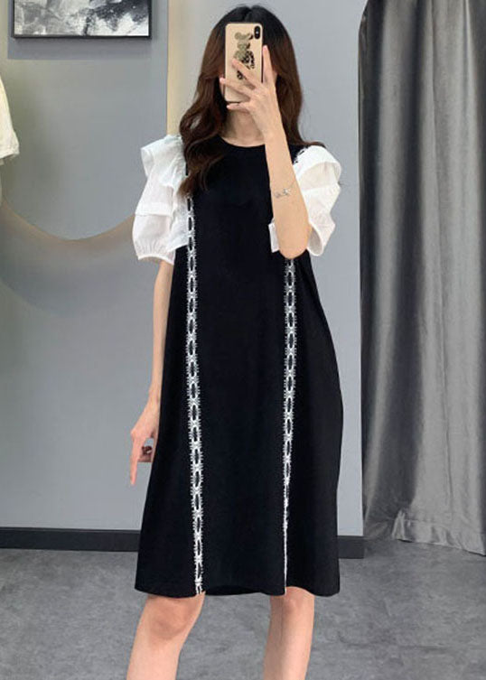 VCSHOES Black Puff Sleeve Patchwork Cotton Dresses