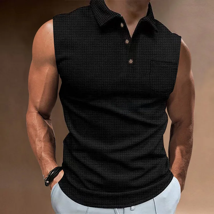 Comstylish Solid Color Pocket Sleeveless Polo Shirt