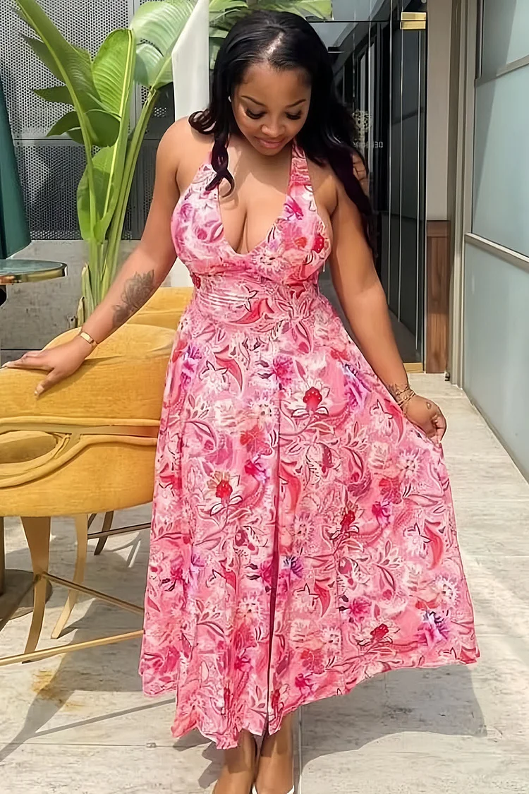 V Neck Halter Boho Floral Print Vacation Maxi Dresses-Pink [Pre Order]