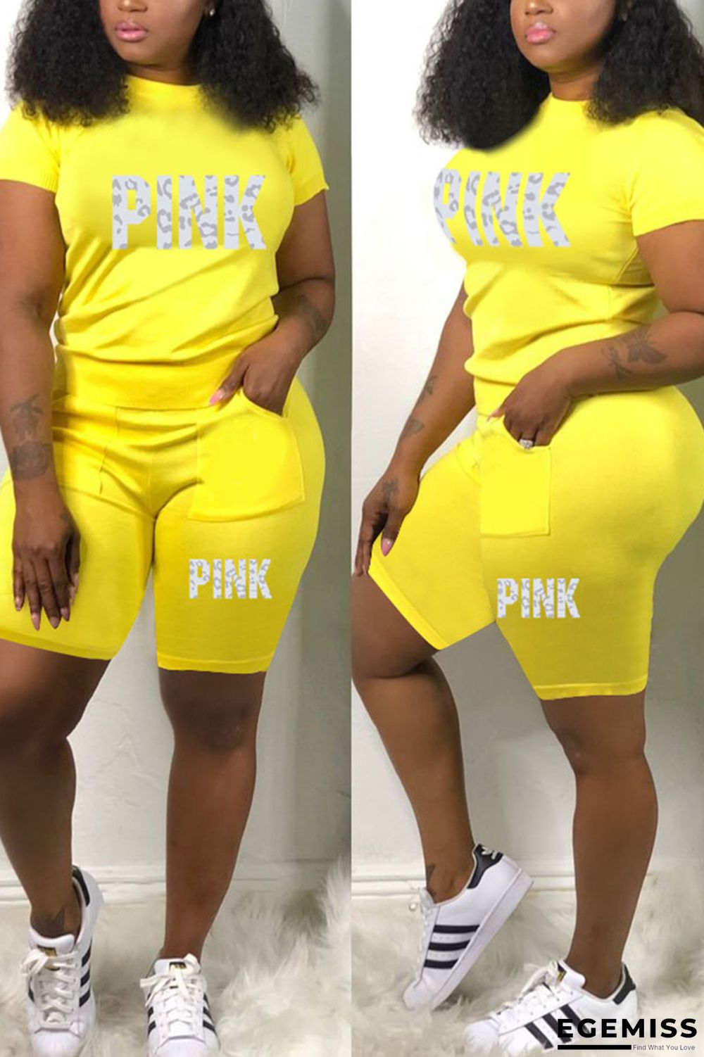 Yellow Casual Print Patchwork O Neck Short Sleeve Two Pieces | EGEMISS