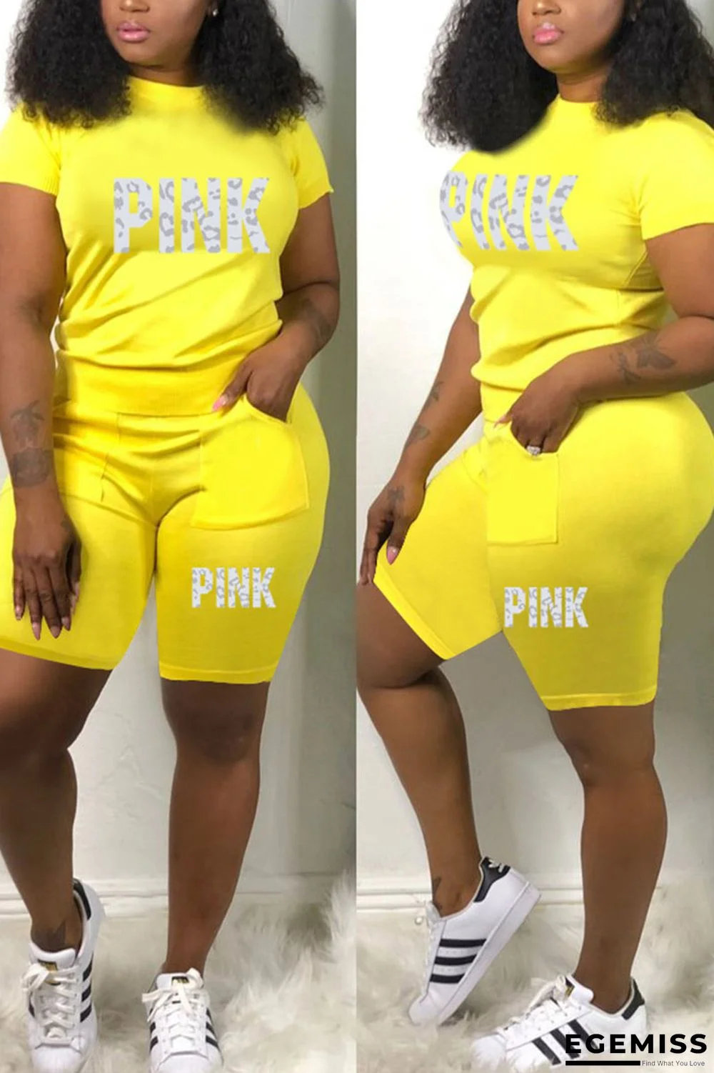 Yellow Casual Print Patchwork O Neck Short Sleeve Two Pieces | EGEMISS