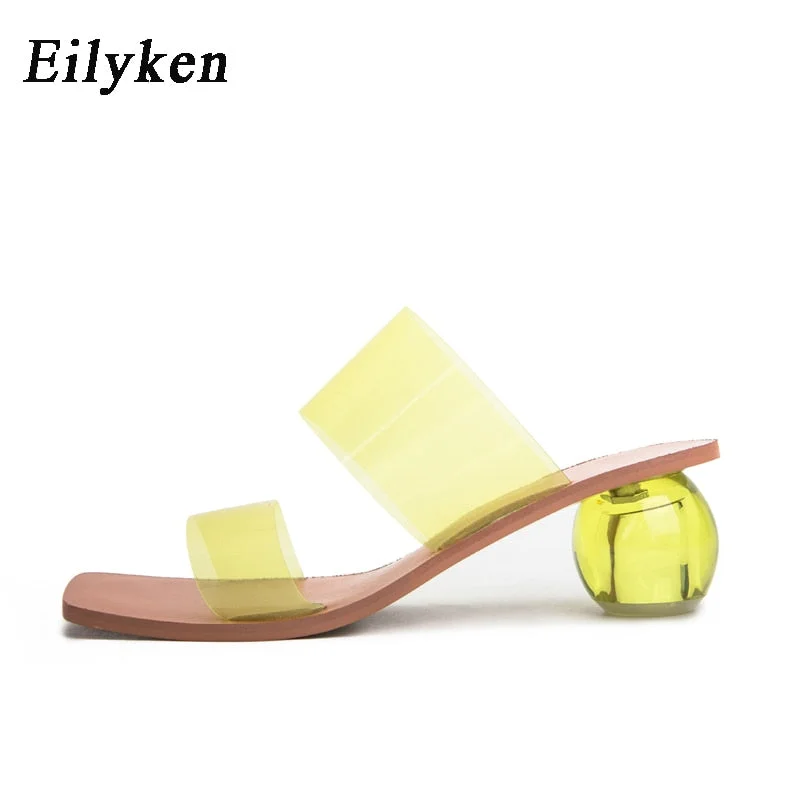 Eilyken Summer Clear PVC Square Toe Ladies Shoes Transparent Crystal Round Ball Heel Slippers Women Leopard Grain Jelly Sandals
