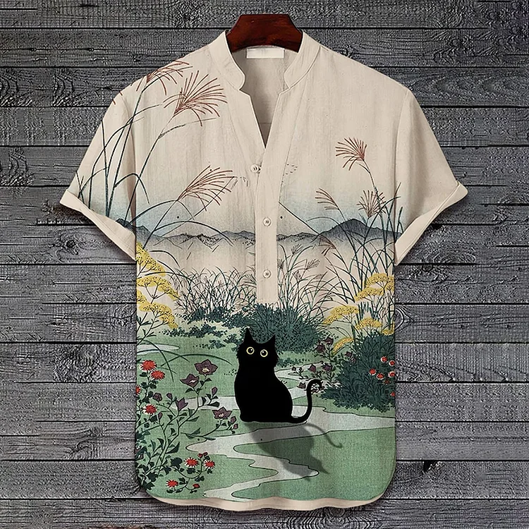 Men'S Floral Landscape Cat Art Print Half Button Short Sleeve Shirt