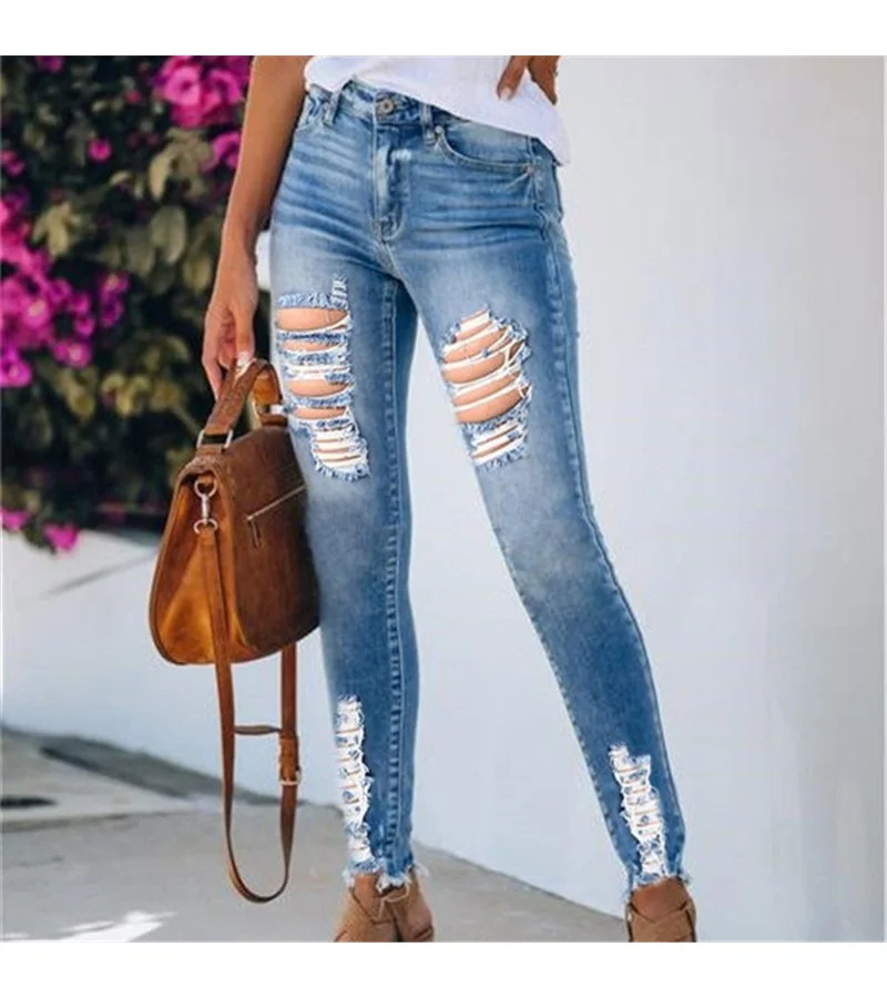 Women Fashionable High Waisted Ripped Skinny Jeans S-XXL
