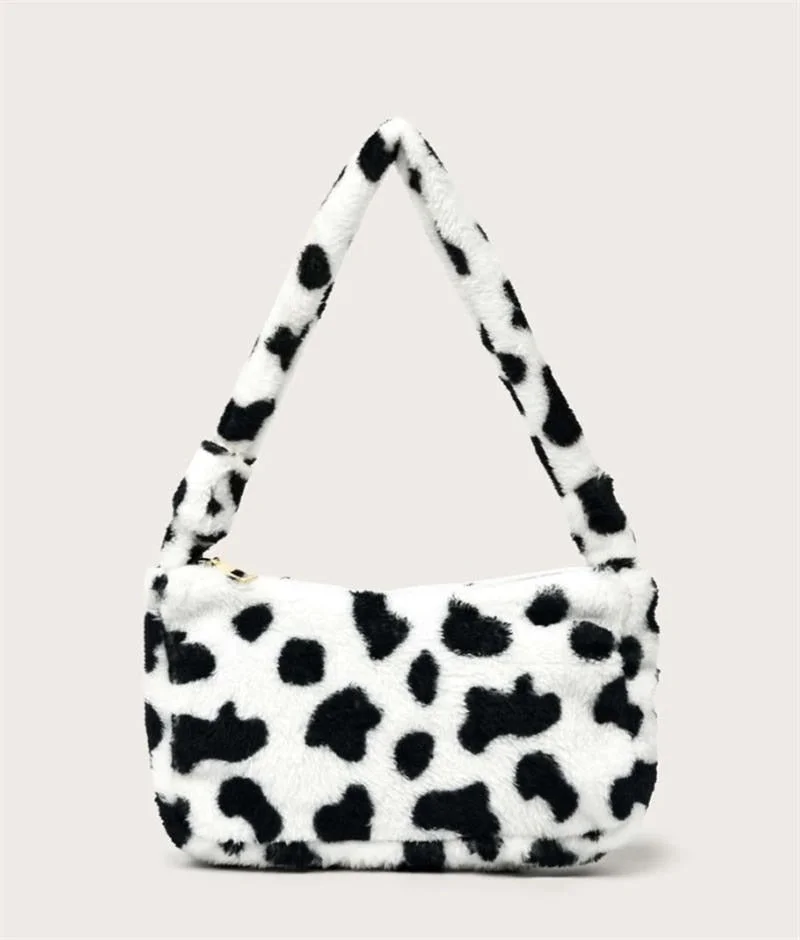 2021 Black White Leopard Minimalist Fashion Hot Sale Cute Handbags Purse Women Shoulder Baguette Bags Fake Fur Underarm Bags