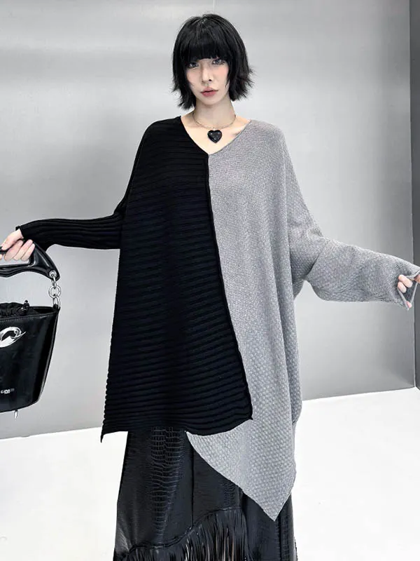 Asymmetric Contrast Color Split-Joint Textured Batwing Sleeves Irregularity V-Neck Sweater Tops