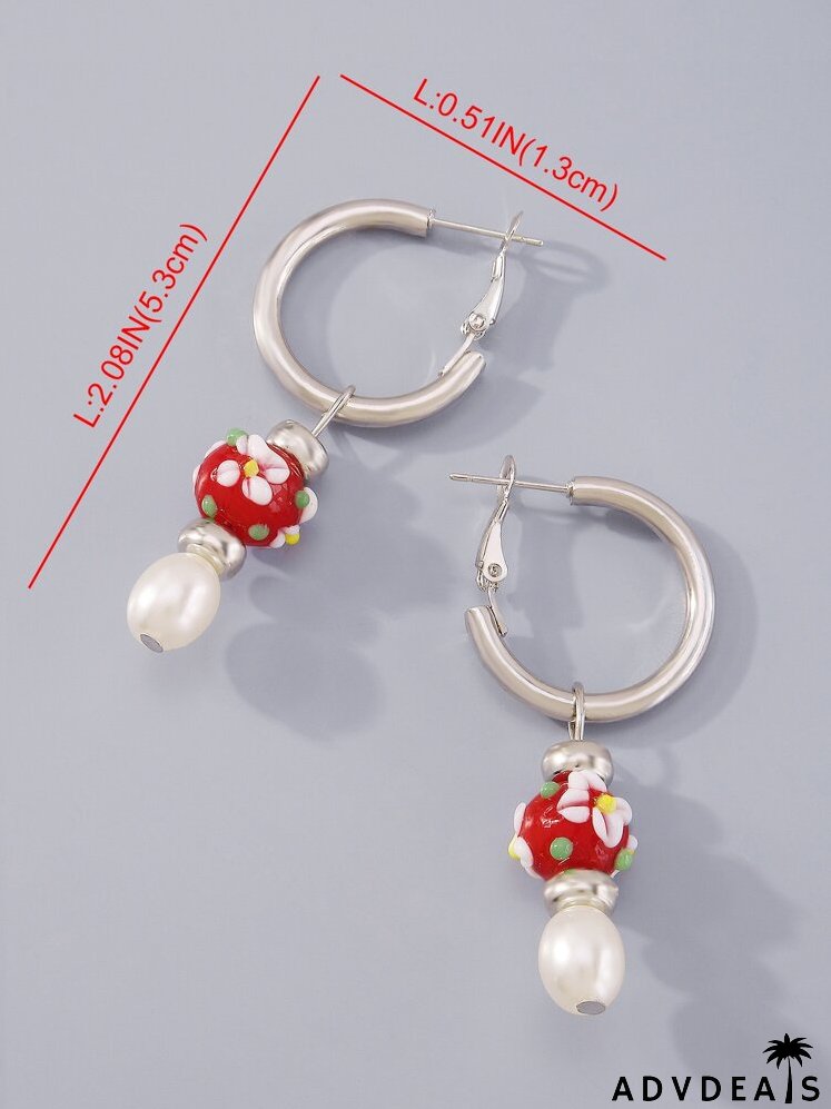 Flower Detail Bead & Faux Pearl Drop Earrings