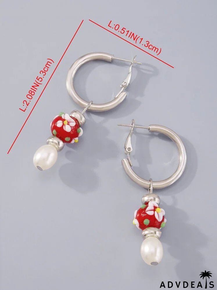 Flower Detail Bead & Faux Pearl Drop Earrings
