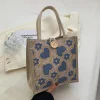 Purple Blue Flower Heart Linen Tote Bag