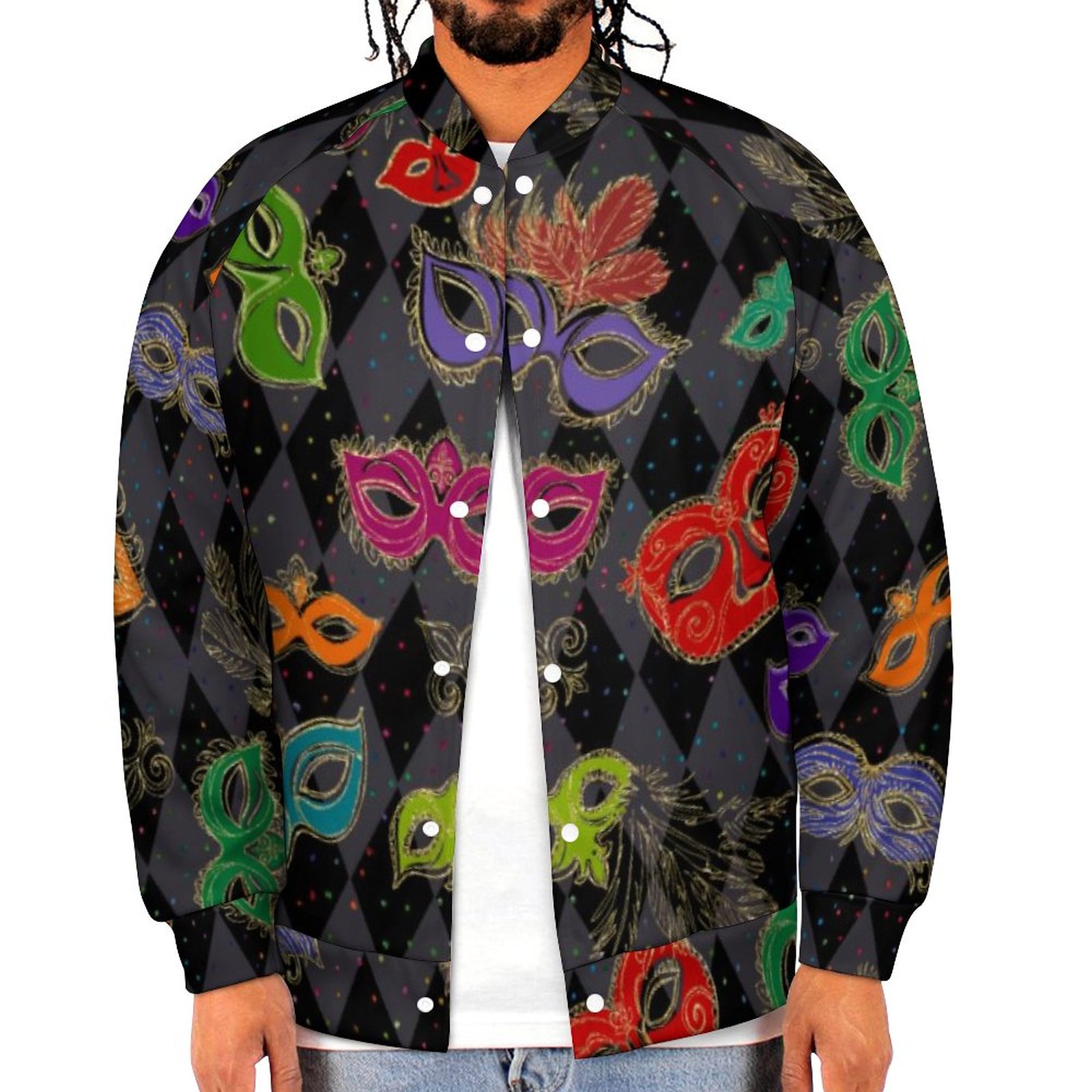 Mardi Gras Masquerade Masks Black Harlequin Sweatshirt Jacket Men Casual Lightweight Button Up Bomber Jacket Outwear