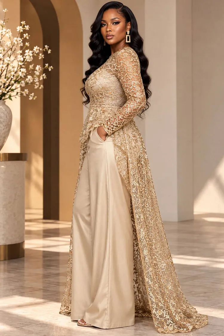 Xpluswear Design Plus Size Wedding Guest Satin Champagne Round Neck Long Sleeve With Skirt Overlay Pocket Lace Jumpsuits [Pre-Order]