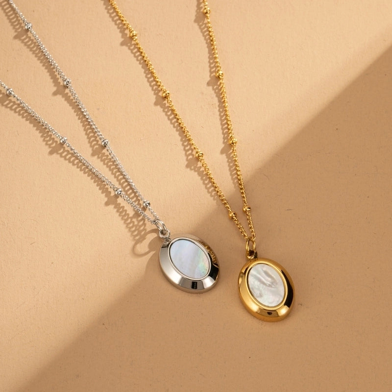 Casual Minimalist Oval Titanium Steel Shell Inlay Pendant Necklace