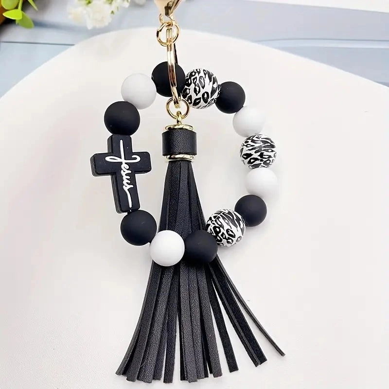 Casual Classic Style Cross Tassel Alloy Wooden Beads Silica Gel Beaded Keychain