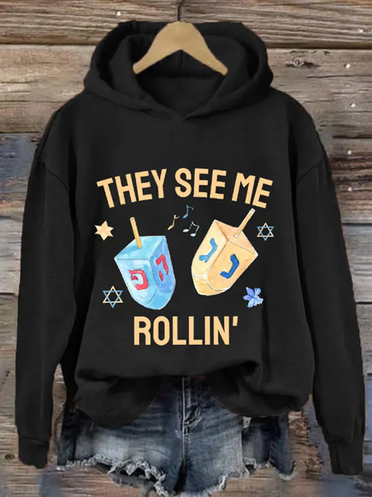 Women's Funny They See Me Rollin Happy Hanukkah Casual Hoodie