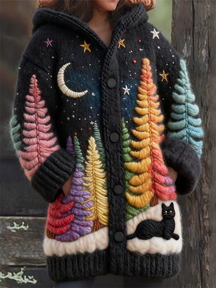 Black Cat & Colorful Christmas Trees Landscape Cozy Hooded Cardigan elevenforest