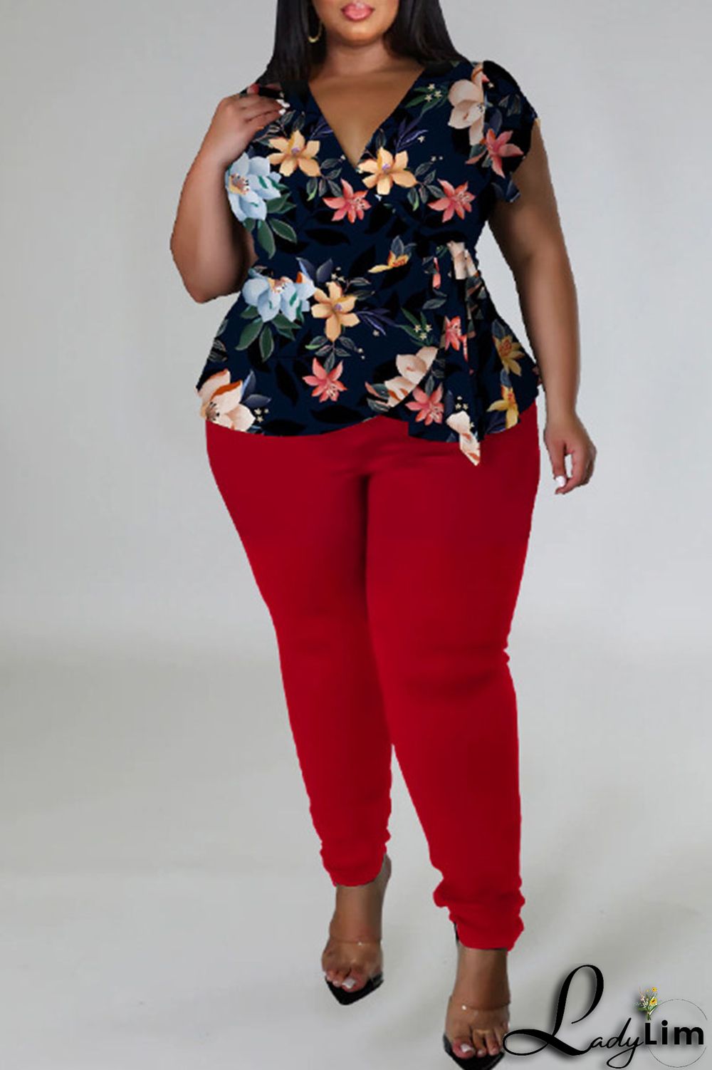 Red Casual Print Bandage Patchwork V Neck Plus Size Two Pieces
