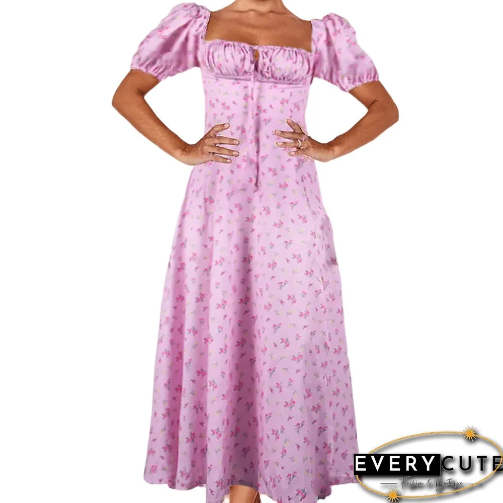 Pink Square Neck High Split Floral Dress