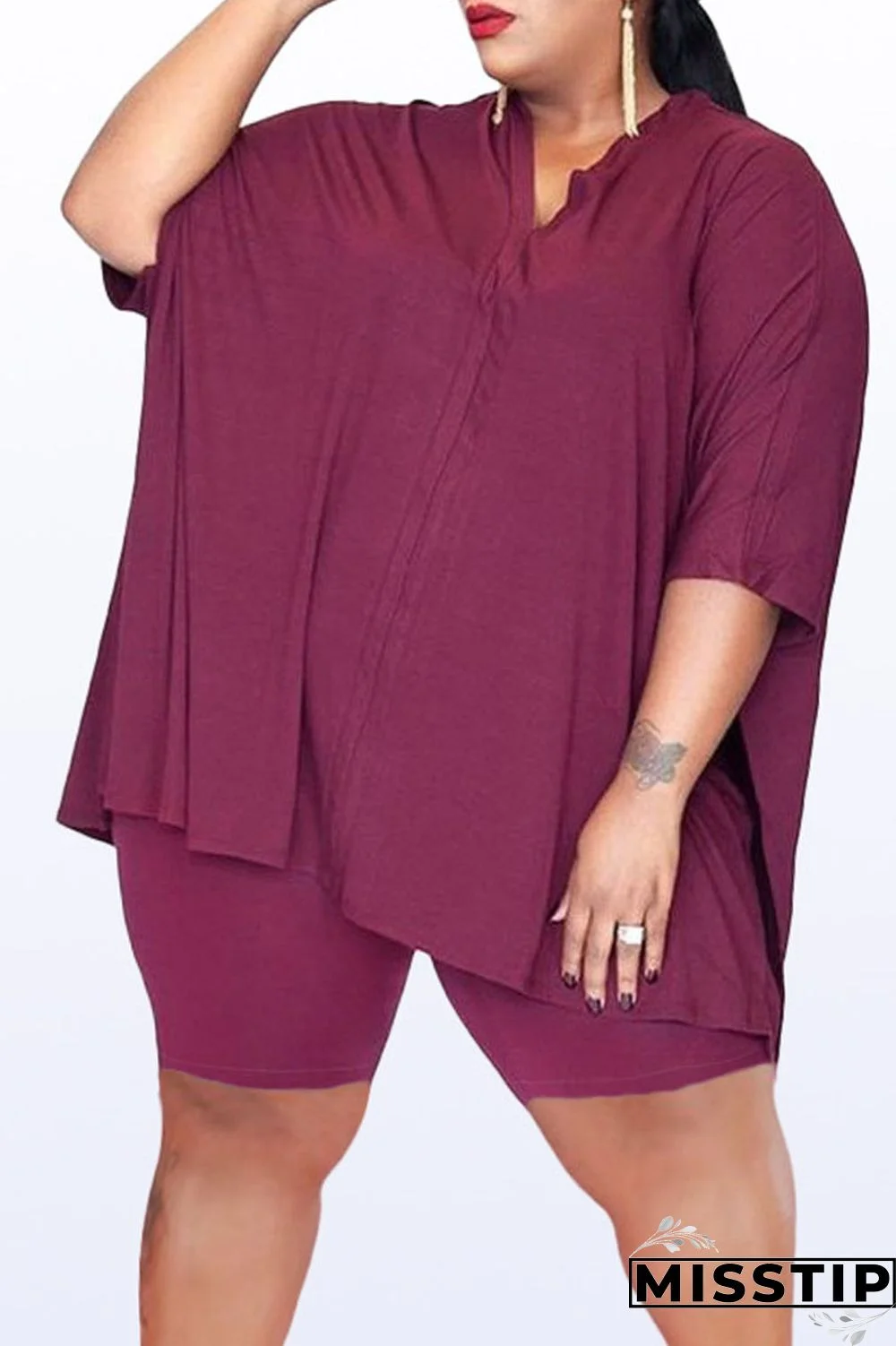 Burgundy Casual Solid Patchwork Slit O Neck Plus Size Two Pieces