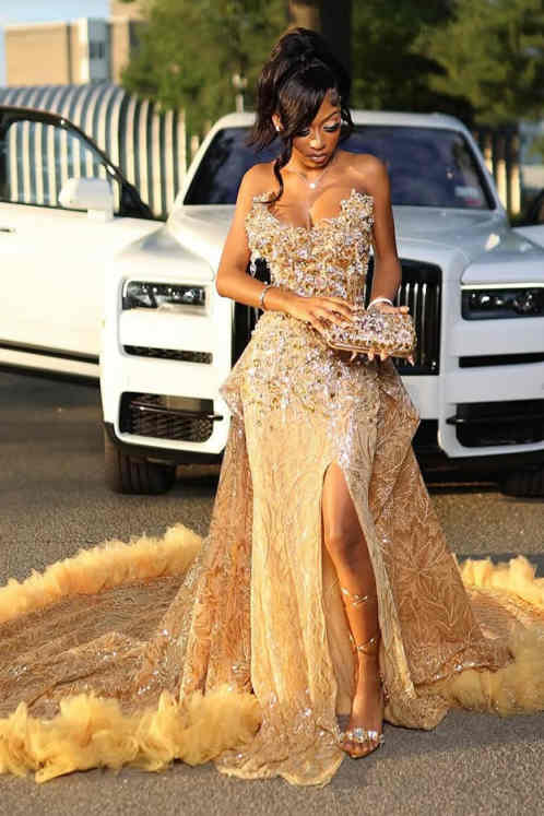 Bellasprom Strapless Slit Mermaid Prom Dresses Gold Long With Ruffles Beadings Bellasprom