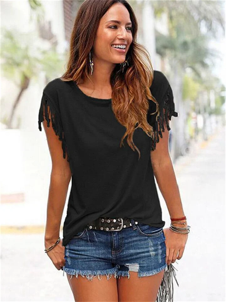 Women's Large Size Round Neck Short Sleeve Tassel Knot T-shirt Top