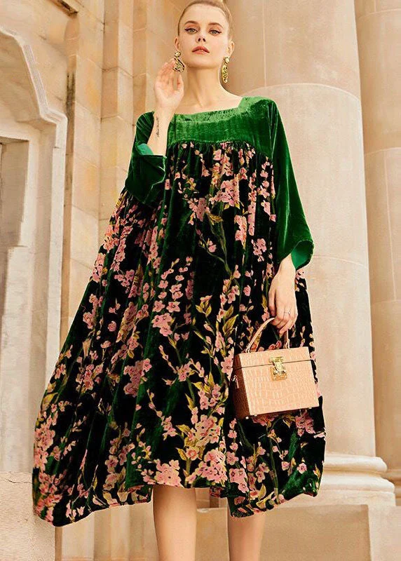 Unique Green O-Neck Patchwork Print Silk Velour Long Dresses Bracelet ...