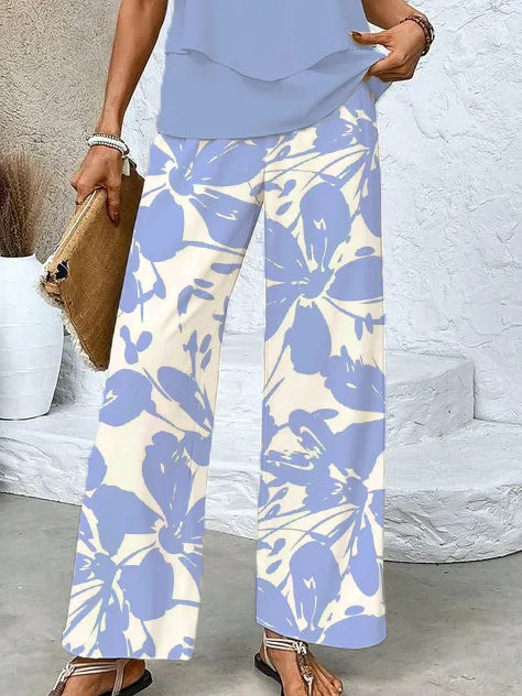 Women's Sleeveless Square Collar Graphic Printed Casual Set