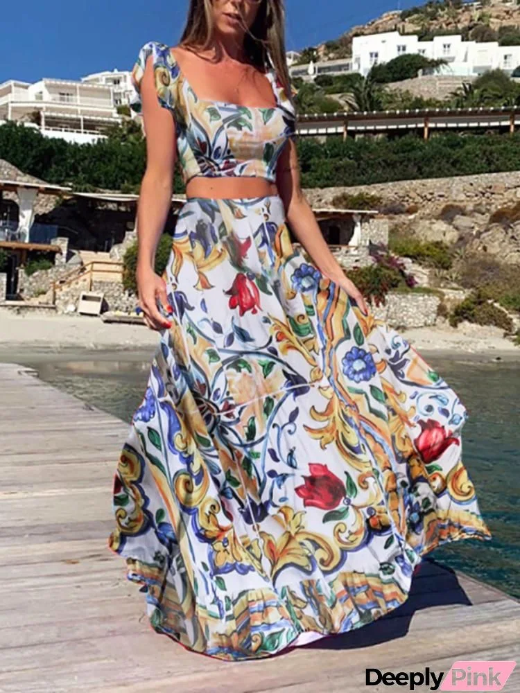 Square neck printed top and skirt vacation set