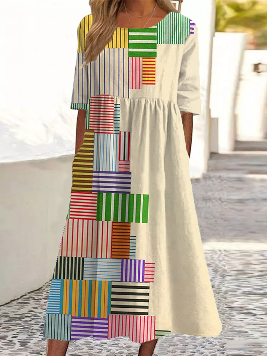 Women's Vintage Abstract Geometric Art Print Pocket Cotton Dress