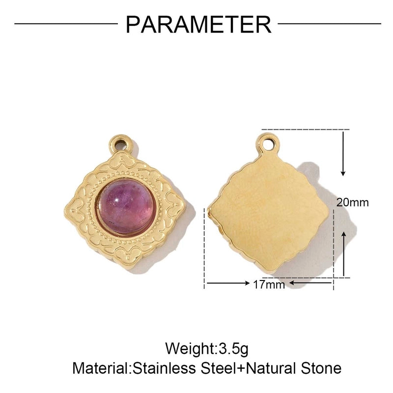 3 PCS/Package 18*19mm 201 Stainless Steel Natural Stone 18K Gold Plated Square Rhombus Polished Jewelry Accessories Pendant