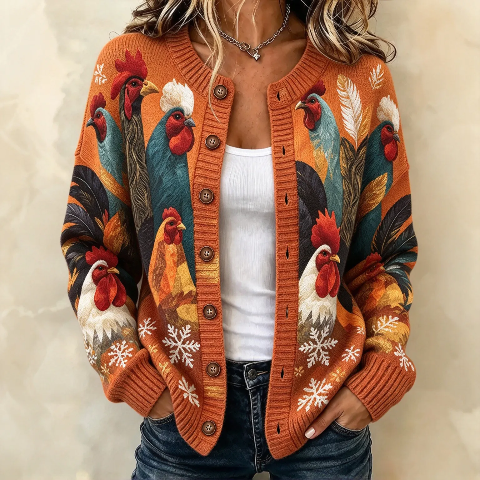 Comstylish Women's Vintage Farm Chicken Print Knit Cardigan Sweater