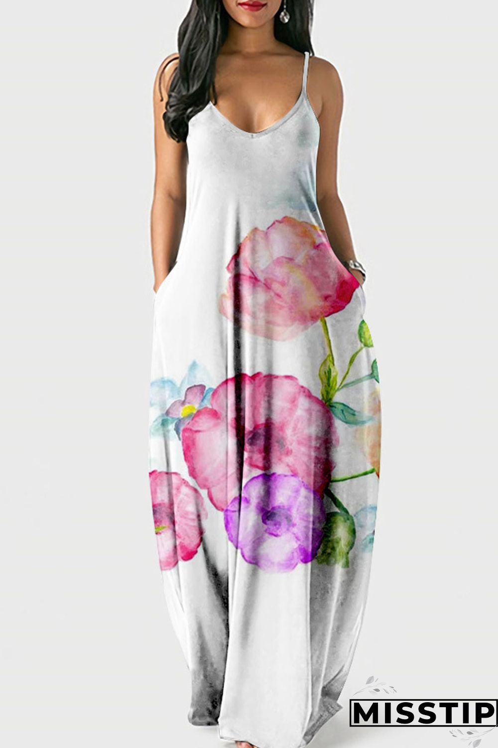 Red Street Print Patchwork Spaghetti Strap Lantern Dress Dresses