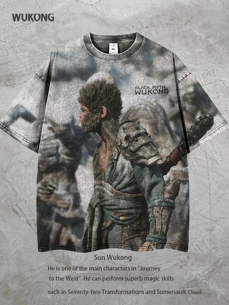 Unisex Vintage Washed Journey to the West Culture Monkey King Printed Short Sleeve T-Shirt