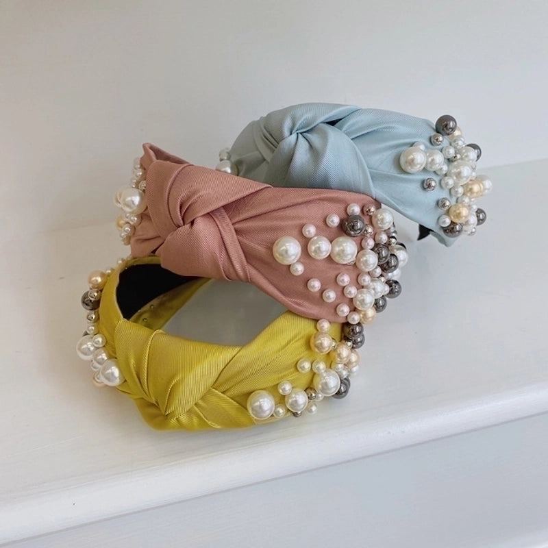 Fashion Headband Solid Color Fabric Knotted Hair Band Retro Women's Pearl Hair Bundle Simple Bowknot Headband