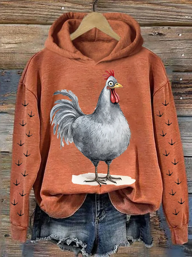 Funky Cartoon Chickens Print Casual Cozy Hoodie