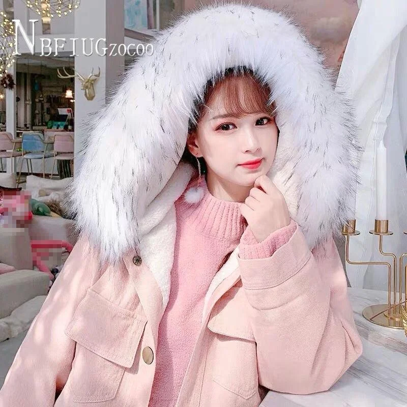 2020 Winter Faux Fur Collar Lining With Imitation Lambswool Women Parkas Korean Loose Female Jacket