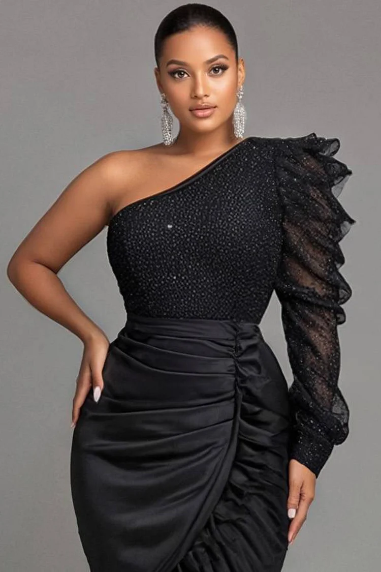 Xpluswear Design Plus Size Party Black One Shoulder Long Sleeve Contrast Elegant Fold Satin Midi Dresses [Pre-Order]