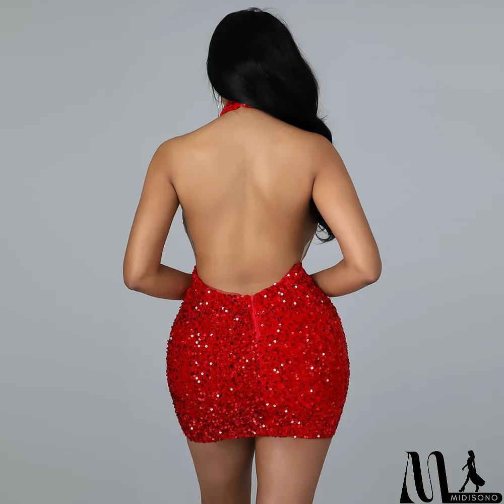 MidiSono - Hot Sale Hollow Fashion Sequin Sequin Halter Back Nightclub Dress