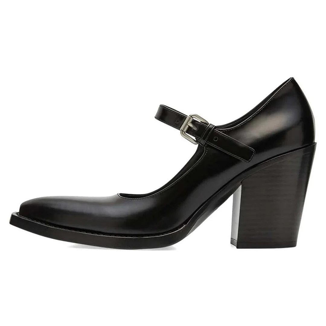 Chic Black Pointed Toe Chunky Heel Buckle Strap Mary Jane Pumps