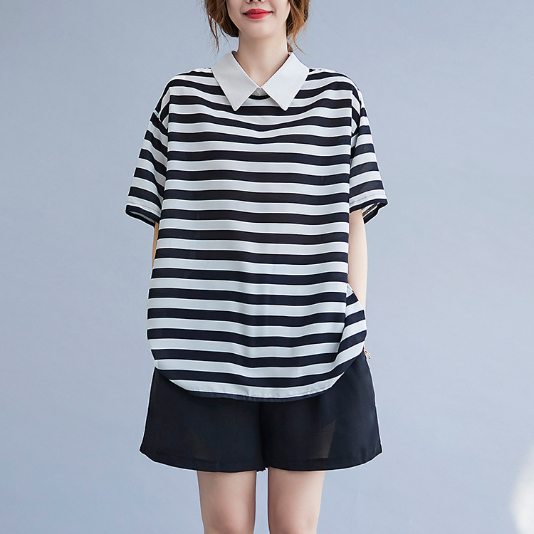 Literary Stripe Lapel Short Sleeve T-Shirt