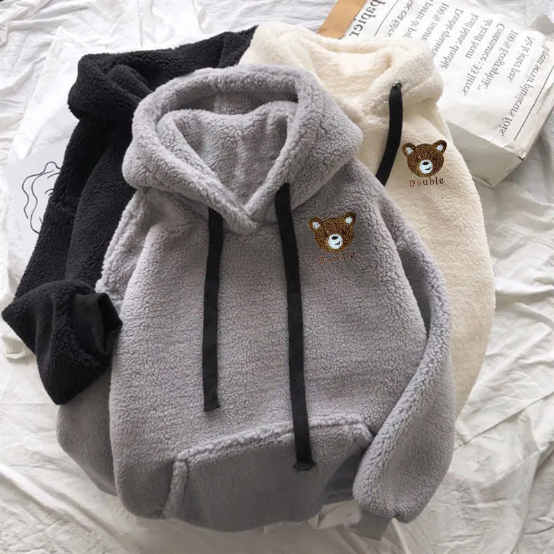 Oversized Fluffy Hoodie Women Winter Sweatshirts Plush Warm Top Double Hoodies Men Pullover Loose Soft Thick Top Streetwear