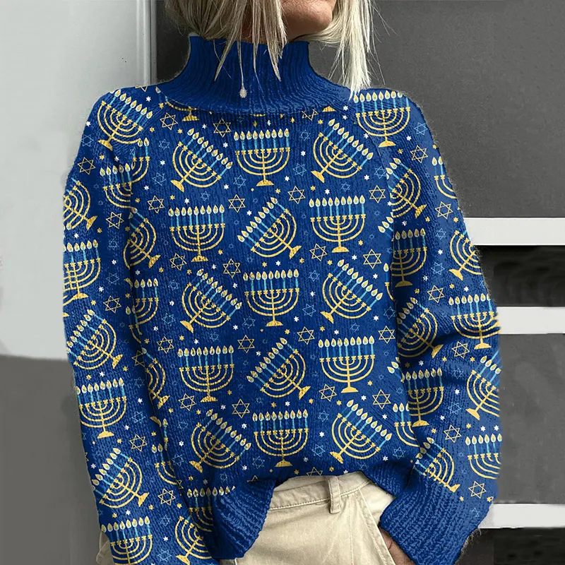 Women's Hanukkah Menorah Print Turtleneck Knit Sweater