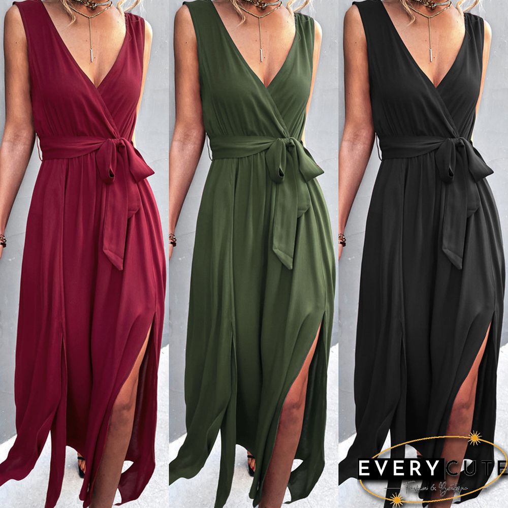 Sexy V-neck Cross Strap Sleeveless Slit Dress Black Dresses