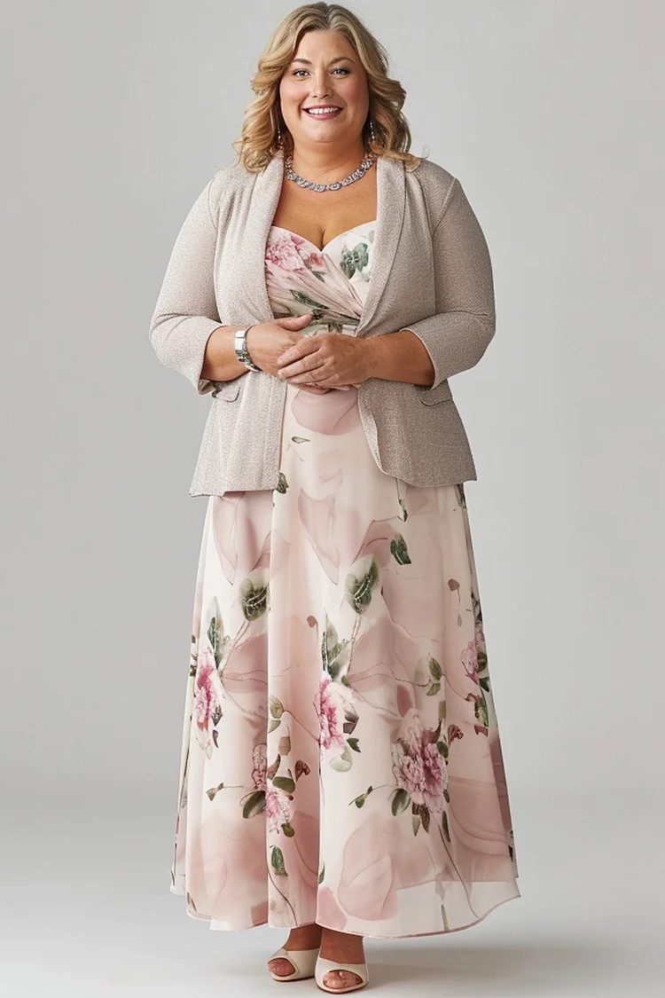 Flycurvy Plus Size Mother Of The Bride Light Pink Floral Print Chiffon Sweetheart Neck Two Pieces Maxi Dress With Jacket  Flycurvy [product_label]