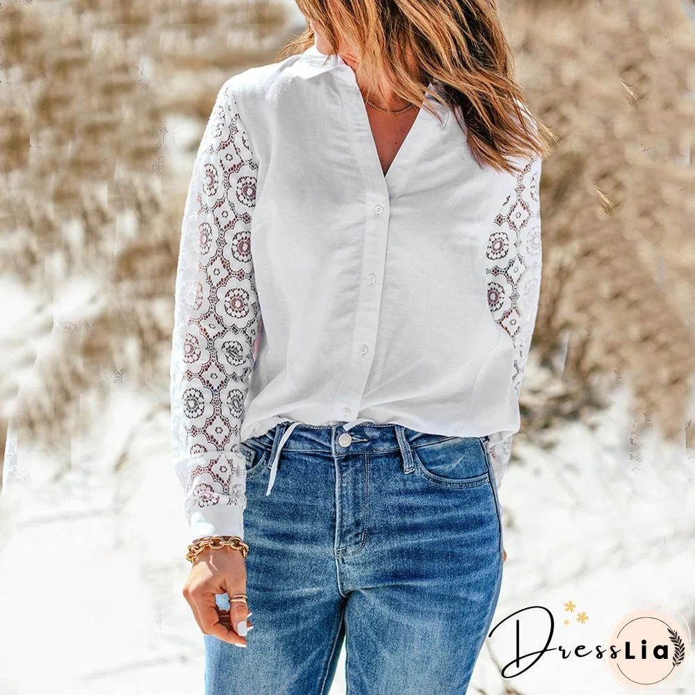 Lace Crochet Sleeve Splice Button Collared Shirt