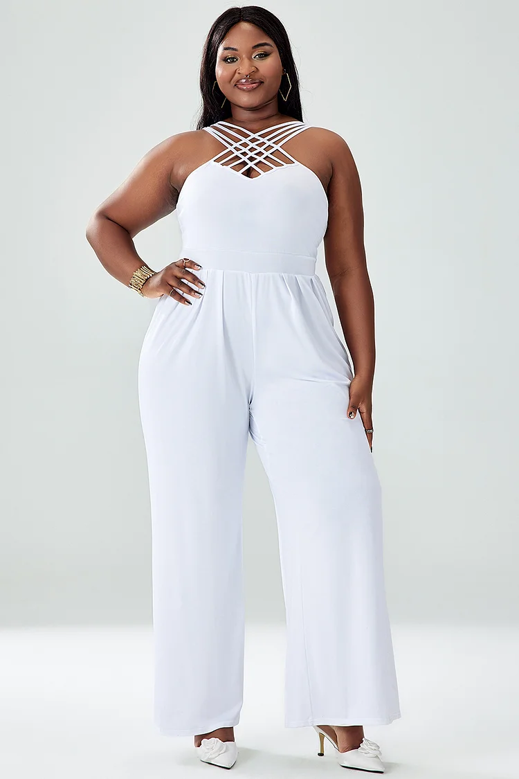Xpluswear Design Plus Size White Daily Hollowed Out V Neck Strappy Sleeveless Wide Leg Jumpsuits 