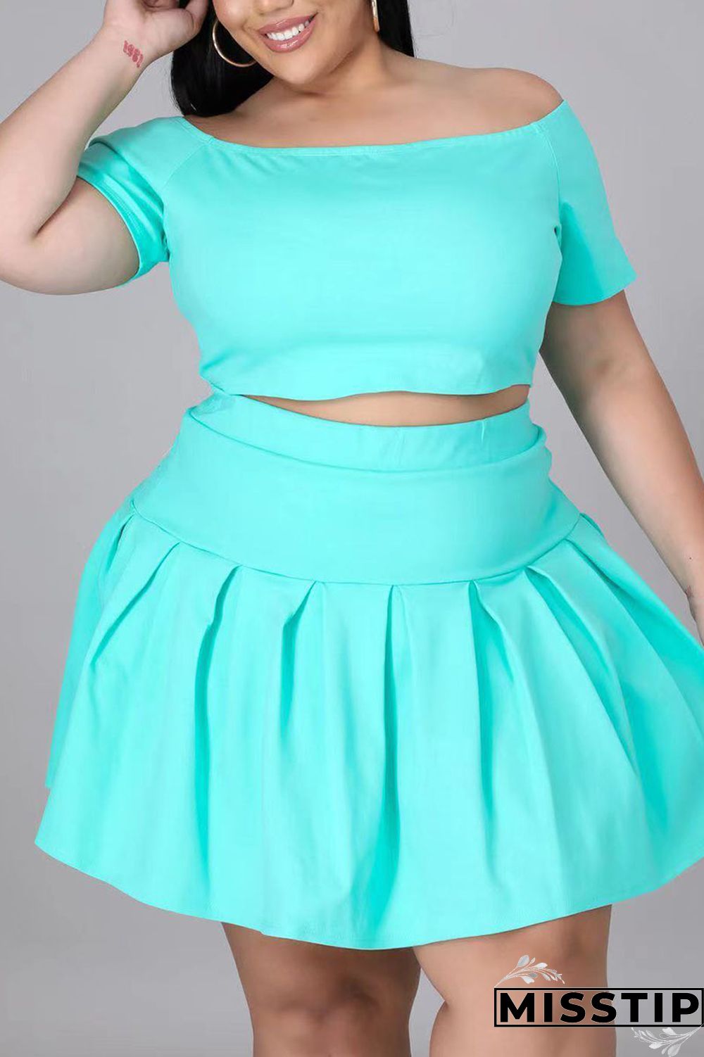 Black Casual Solid Patchwork Off the Shoulder A Line Plus Size Two Pieces