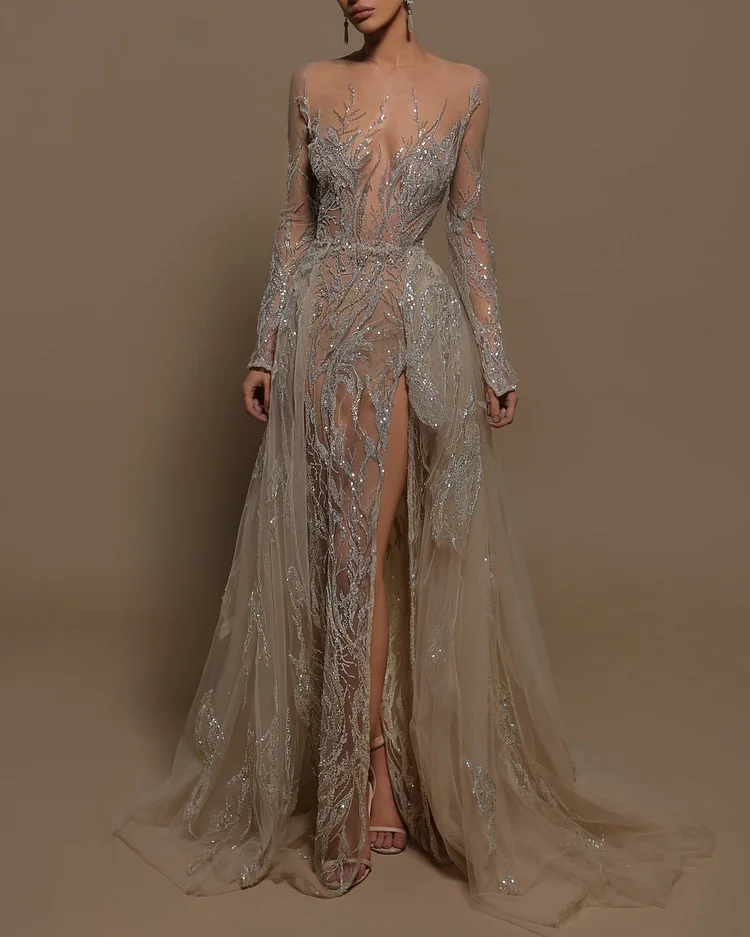 Gown Long Sleeve Sequined Dress