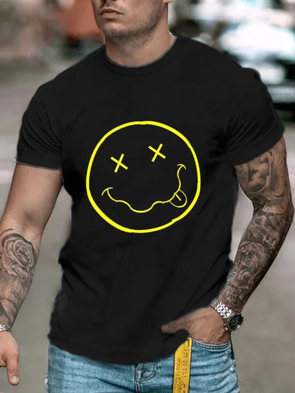 Stylish men's casual black smiley face printed short sleeve T-shirt.jpg